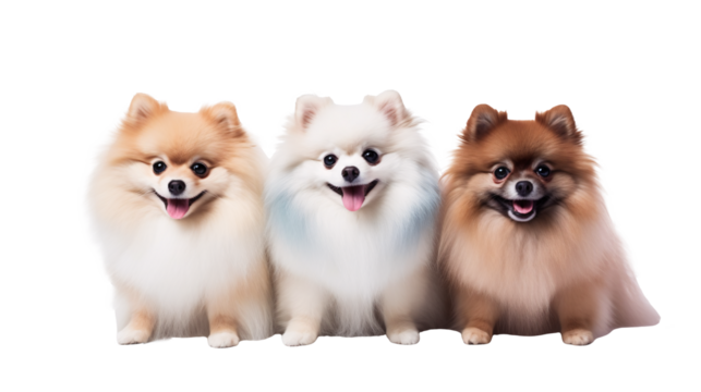 Three adorable pomeranian dogs posing side by side smiling