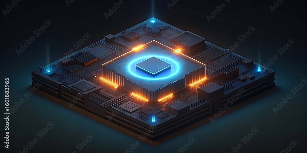 Poster a central processing unit cpu glowing with vibrant blue and orange energy symbolizing powerful compu