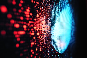 Abstract composition features red and blue illuminated dots on a dark backdrop. The display has a depth-of-field effect