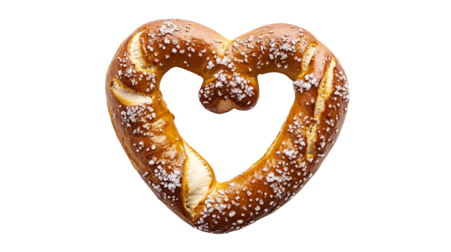 Heart shaped pretzel with salt on a transparent background close up