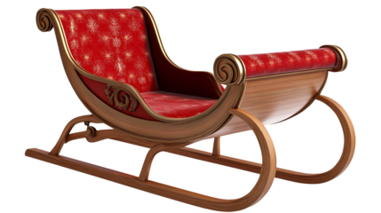 A christmas sleigh with red cushion and gold trim isolated