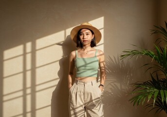 Fototapeta premium Portrait of woman sunlight shadows fashion style outfit pose plant indoor wall hat