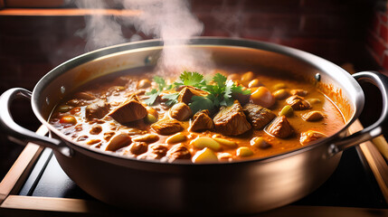 Moody Close-up: Large Pot of Curry Simmering Gently on Stovetop

