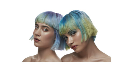 Two Women with Pastel Blue and Yellow Bob Haircuts