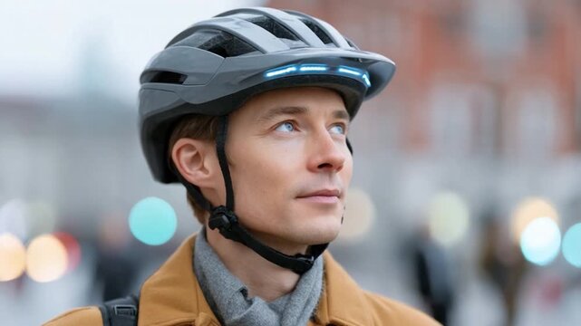 Smart Helmet and Vision: A portrait of a focused individual wearing a modern smart helmet, exuding a sense of forward-thinking and proactive protection.