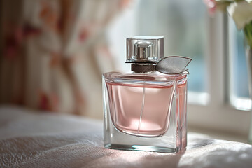 Elegant Pink Perfume Bottle with Silver Leaf on Textured Surface. Mock up promotion information for marketing announcements and details, blank white space.