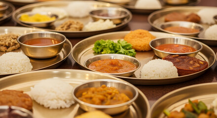 Authentic Indian Thali Meal Experience Featuring Delicious Regional Cuisine Served in Traditional Metal Plates Ready for a Vibrant Celebration of Culture and Flavor