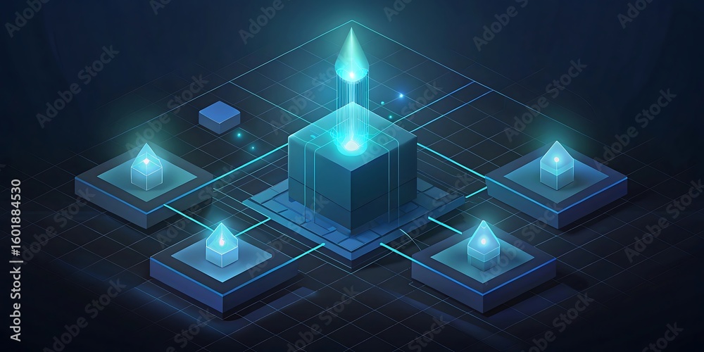 Poster a futuristic digital network system with glowing geometric structures and interconnected nodes.