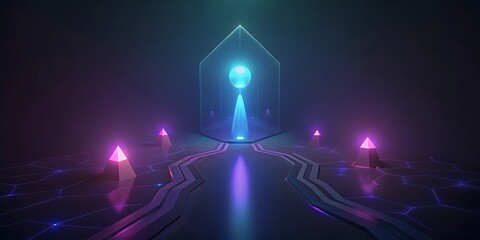 A luminous geometric structure with a glowing blue core stands at the end of a neonlit pathway suggesting a futuristic portal or digital dimension.