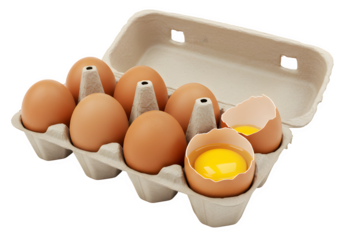 Open carton of eggs with one broken egg revealing yolk on transparent background. isolated on white or transparent background. PNG