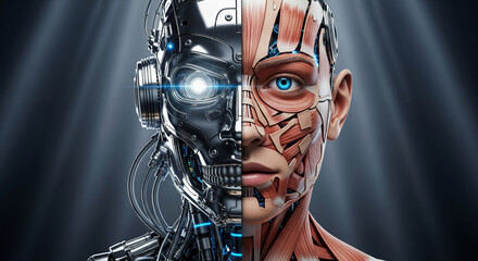 Human cyborg split face showing mechanical and biological components with glowing blue eye