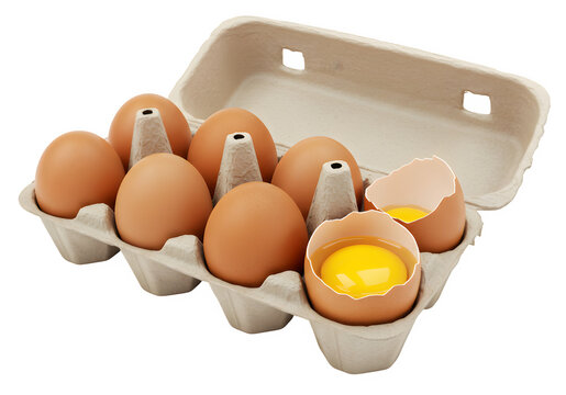 Open carton of eggs with one broken egg revealing yolk on transparent background. isolated on white or transparent background. PNG
