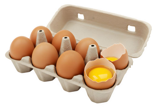 Open carton of eggs with one broken egg revealing yolk on transparent background. isolated on white or transparent background. PNG