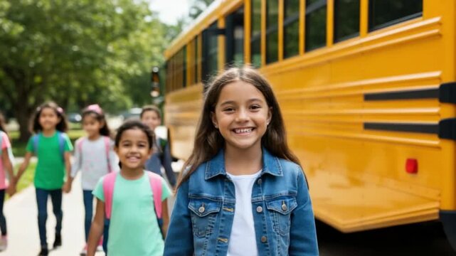Smiling girl with group of children walking towards a yellow school bus