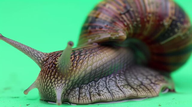 Close-up of a brown garden snail with its shell and tentacles, slowly crawling on a vibrant green background.
