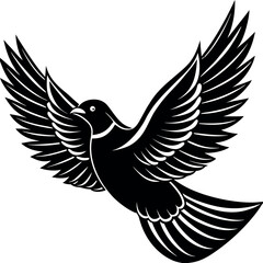 Fototapeta premium A flat black silhouette of a dove mid-flap with its wings raised high above its body in an upward motion.