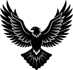 Obraz premium A 2D flat black silhouette of a bald eagle soaring in the sky with both wings fully extended horizontally.