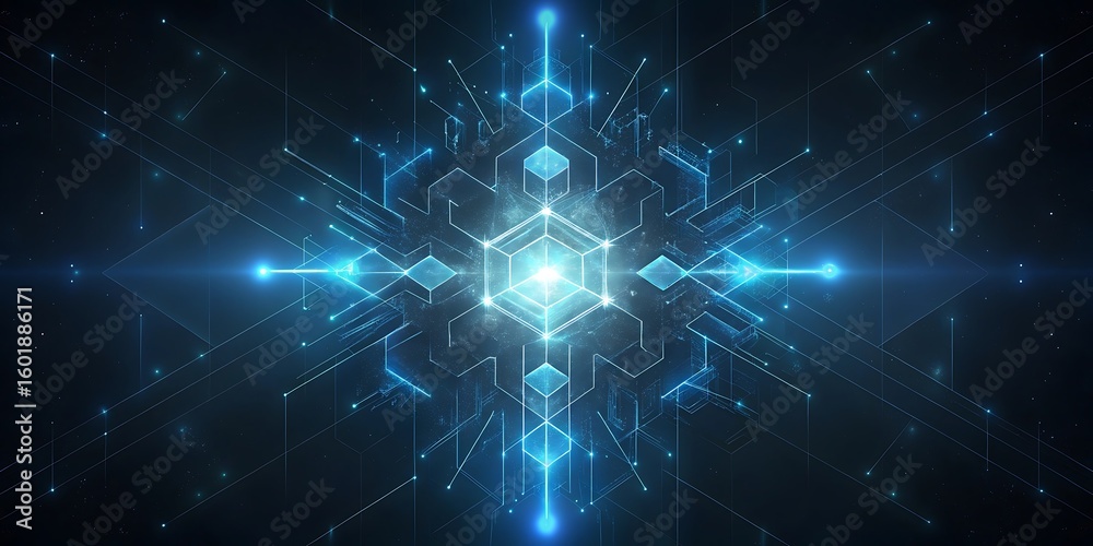 Poster an intricate blue digital network unfolds like a snowflake radiating light and data streams through 