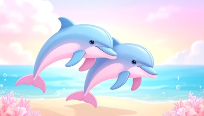 Two playful dolphins leap above a pastel beach