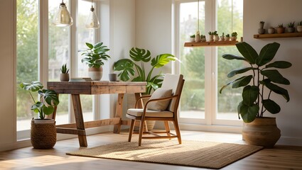 Sunlit home office corner with wooden desk, beige chair, and numerous potted plants, including monstera and fiddle-leaf fig, arranged near large windows.