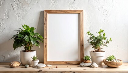 Rustic wooden photo frame mockup on a neutral textured wall with small potted plants and pebbles, minimalist natural decor