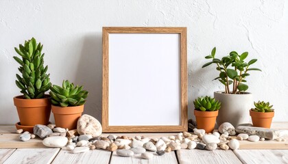Rustic wooden photo frame mockup on a neutral textured wall with small potted plants and pebbles, minimalist natural decor