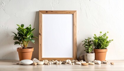 Rustic wooden photo frame mockup on a neutral textured wall with small potted plants and pebbles, minimalist natural decor