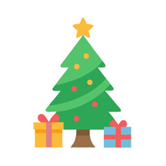 Flat Christmas tree with star and gift boxes