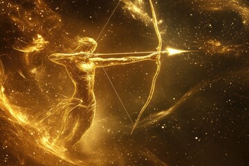 A celestial figure, formed of golden light, draws a bow and arrow, aiming into a star-filled cosmos