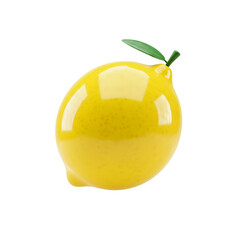 Realistic Render of a Vibrant Yellow Lemon with Glossy Surface and Green Leaf on Transparent Background