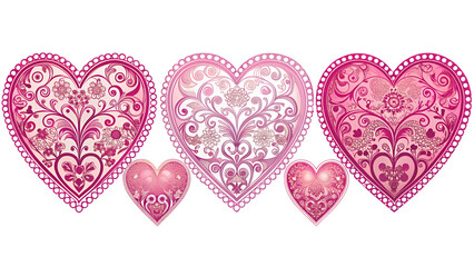 Ornate Pink Floral Hearts Grouped Together on Transparent Background