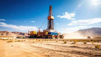 Fototapeta premium Drilling Rig Operates in a Dusty Arid Landscape Under a Bright Blue Sky