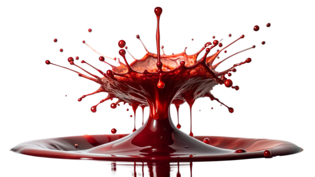 Dynamic red liquid splash collision with droplets on transparent background