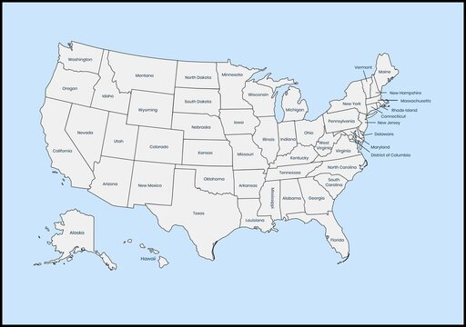 Labeled U.S. map with all state names on a light blue background