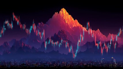 Abstract Mountainous Landscape Overlayed With Financial Data Bars at Night Depicting Trading - Powered by Adobe
