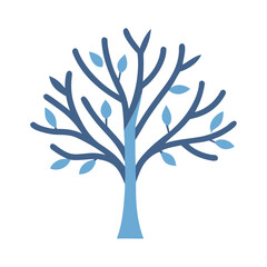 Fototapeta premium Blue Tree Silhouette with Leaves on Black Background
