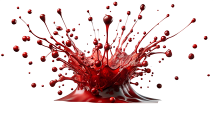 Dynamic red liquid splash with droplets on transparent background dynamic