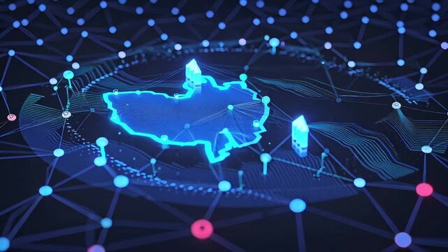 A futuristic digital network connecting a world map with abstract data visualization