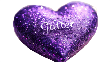 Purple Glitter Heart with the Word Glitter on Transparent Background
