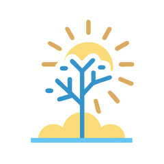 Stylized bare tree beneath a beaming sun icon
