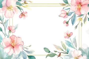 Watercolor floral arrangement with delicate pink blooms and soft green foliage bordering a gold-framed white space