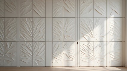 Off-white wall paneling with embossed leaf design, divided into rectangular sections, illuminated by sunlight, and set against a light wood floor.