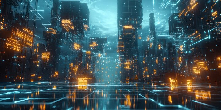 A surreal futuristic landscape designed by artificial intelligence, filled with glowing structures and floating islands