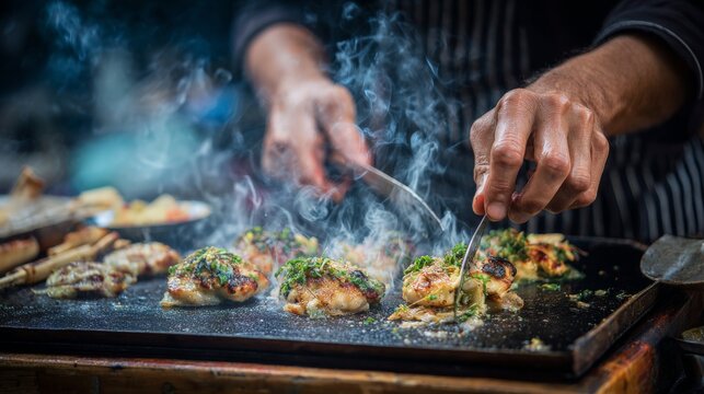 Chef cooks food on a hot griddle steam rising using utensils