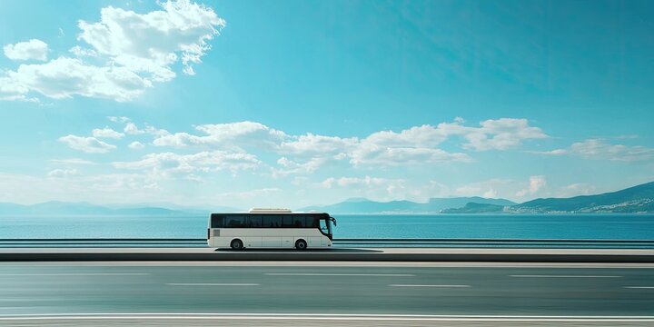 A white bus travels along a coastal highway with a bright blue sky, sea, and distant mountains. Gentle clouds drift above