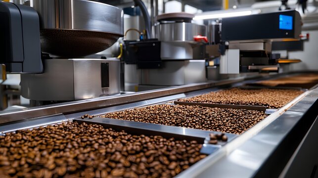 Roasted Coffee Bean Processing: A close-up perspective reveals a state-of-the-art industrial coffee roasting facility.