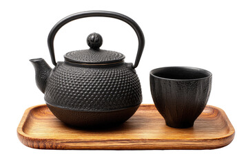 Black cast iron tea set on wooden tray
