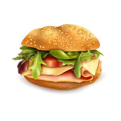 A realistic looking burger with cheese, bacon and veggies