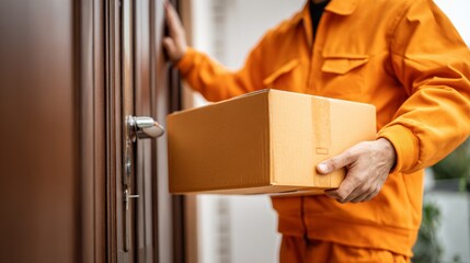 Delivery worker in orange uniform holds a package at a brown door with silver knob suggesting a doorstep delivery service