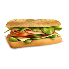 A realistic looking sandwich with cheese and veggies